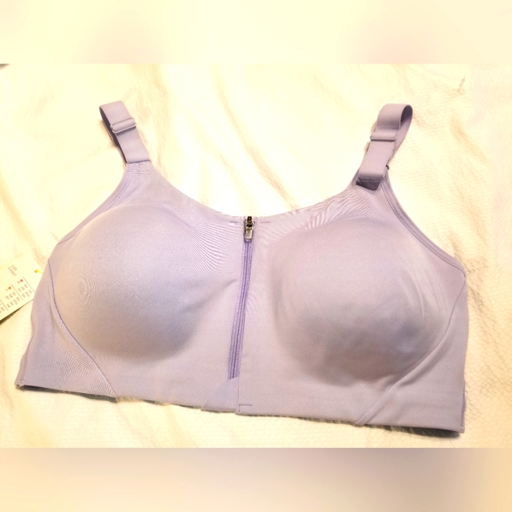 NWT LAVENDER SPORTS BRA FRONT ZIP HIGH SUPPORT MOISTURE WICKING WIDE STRAPS